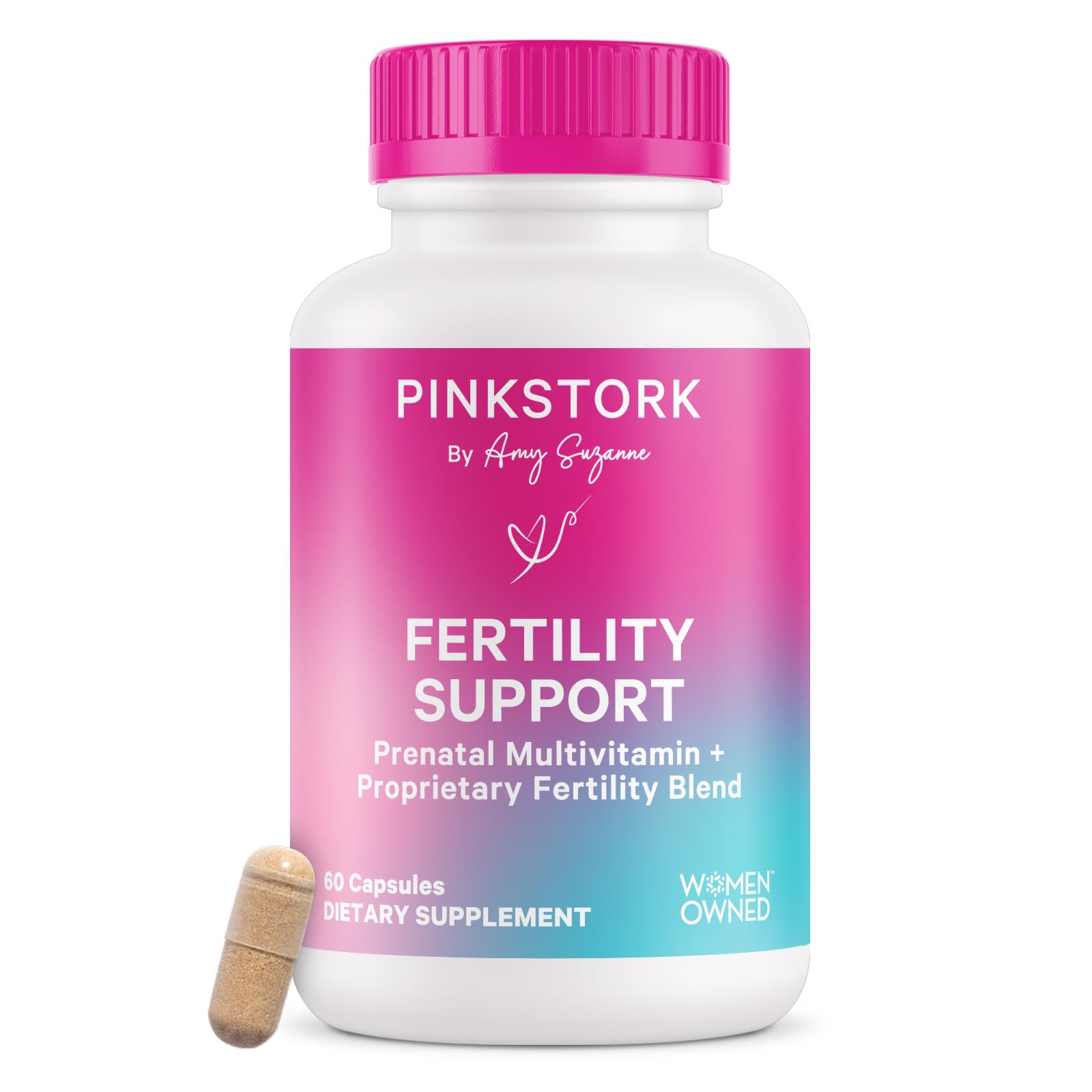 Product shot: Pink Stork Fertility Supplements bottle for women – front view