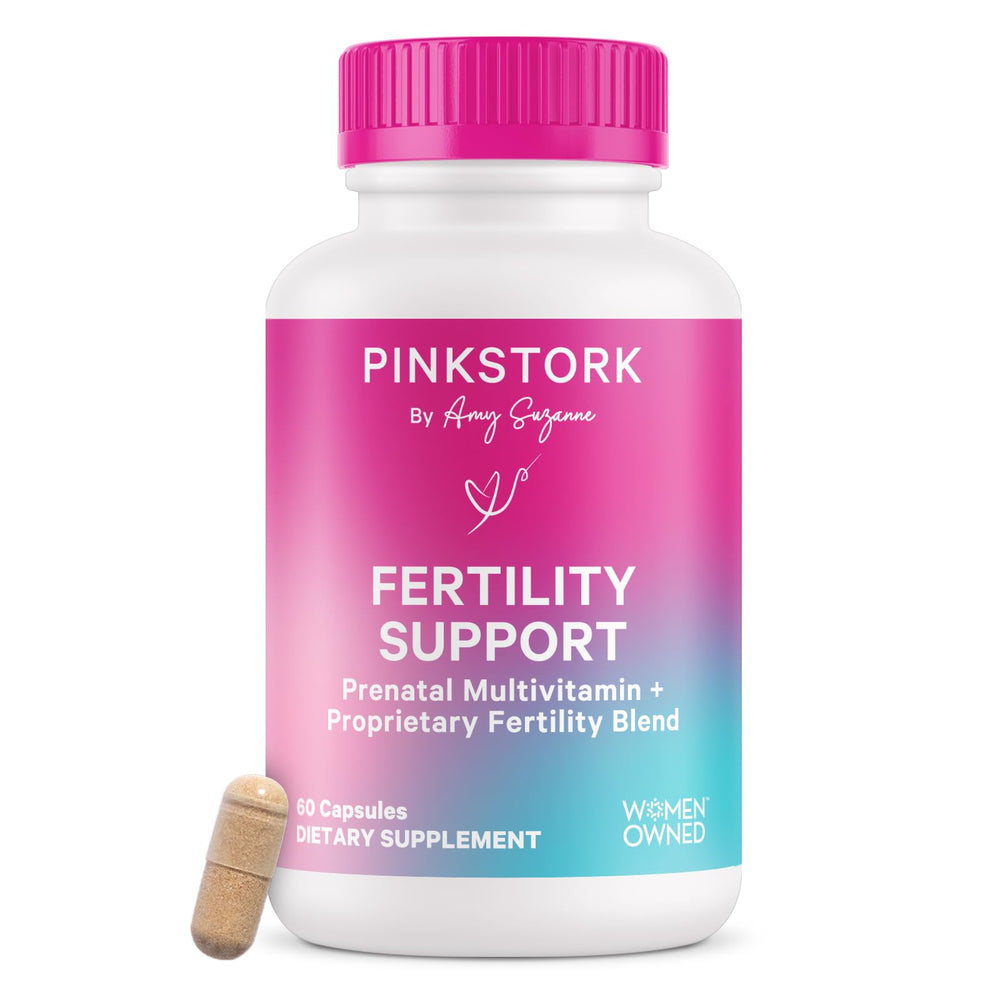 Product shot: Pink Stork Fertility Supplements bottle for women – front view