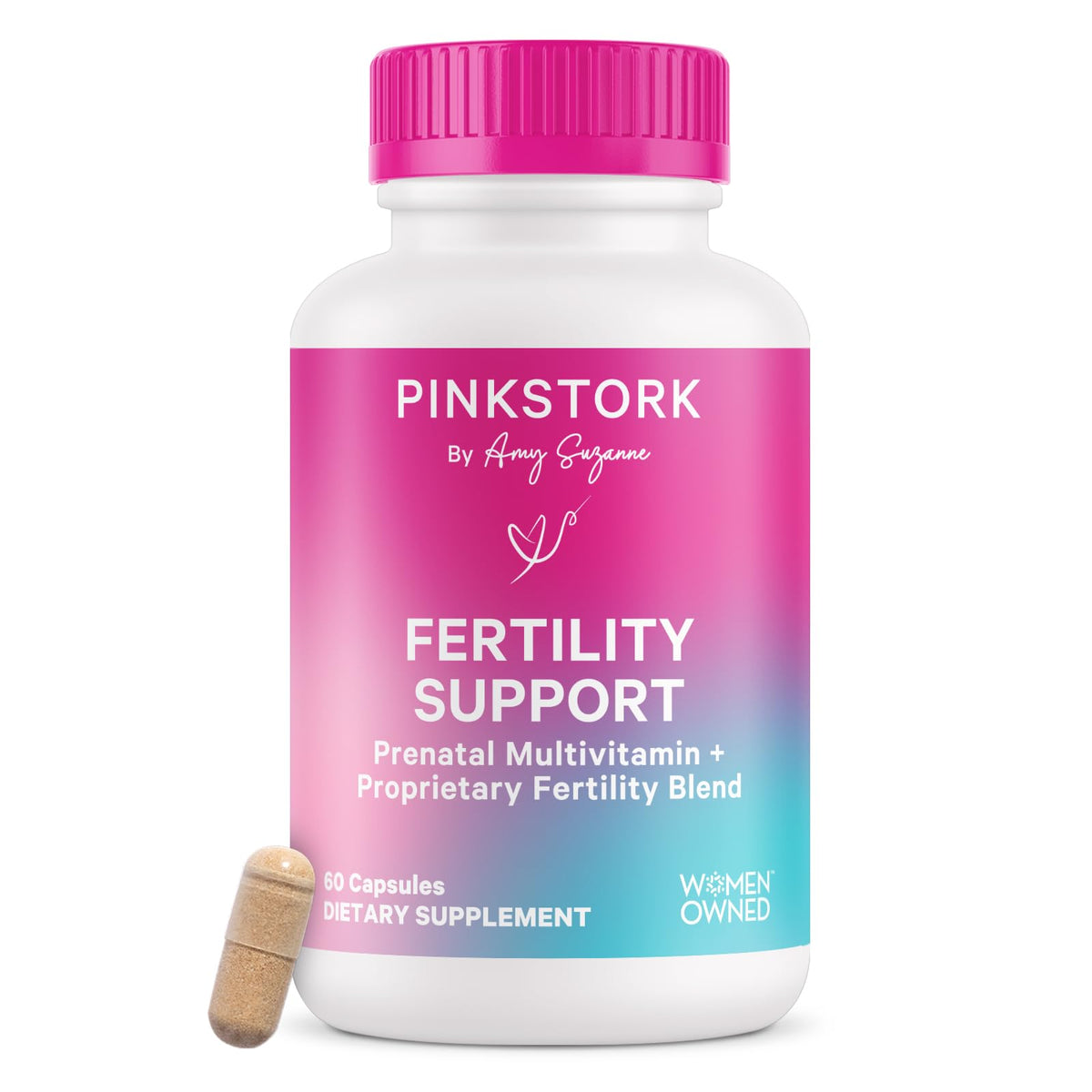 Product shot: Pink Stork Fertility Supplements bottle for women – front view