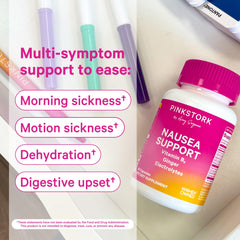 Pink Stork ginger root and peppermint ingredients image conveys soothing stomach comfort.