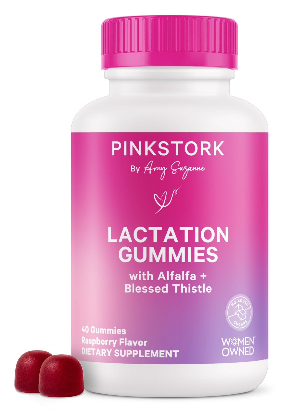 Bottle of Pink Stork Lactation Gummies Raspberry flavor