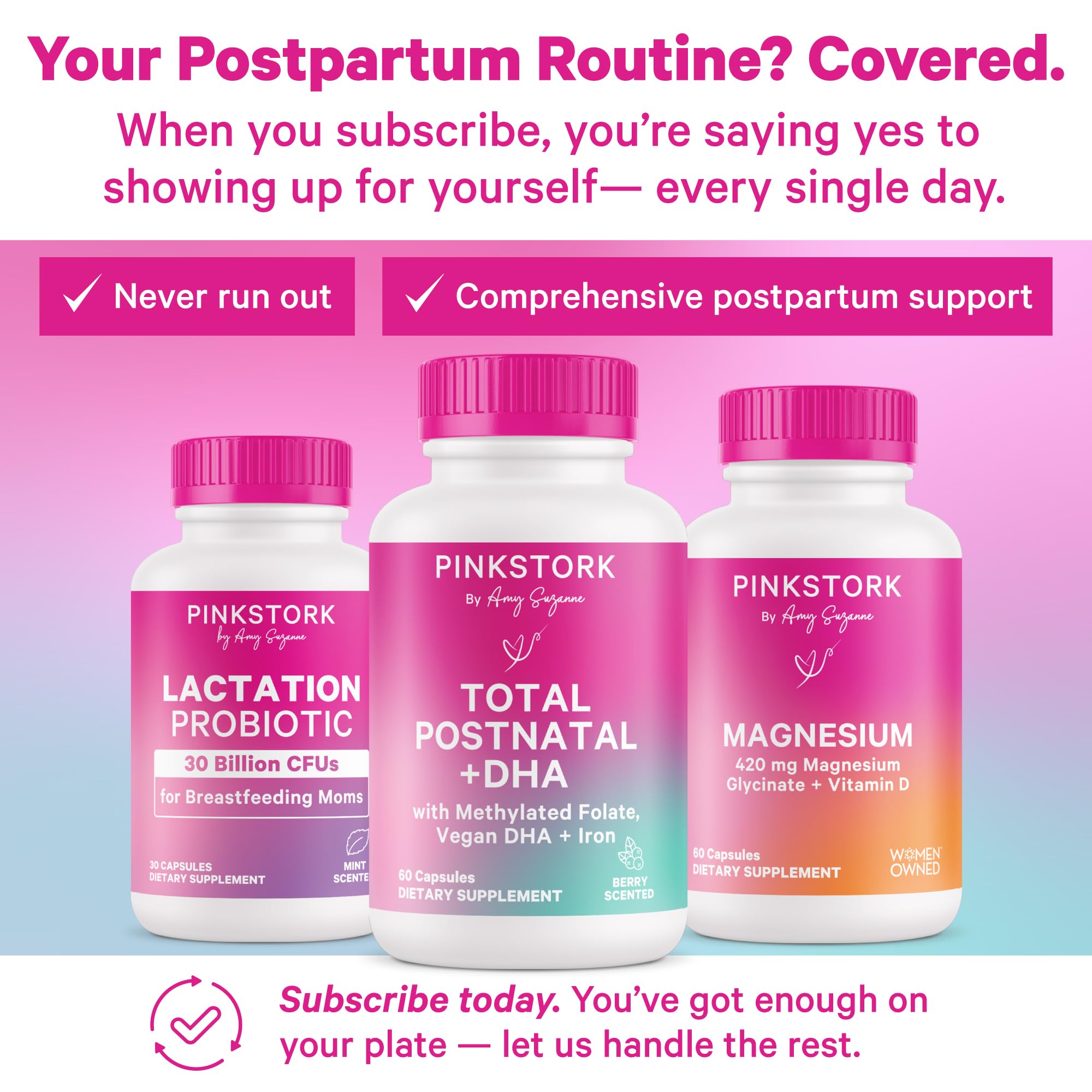 Pink Stork Lactation Probiotic bottle on a surface