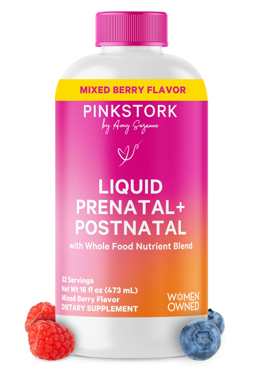 Pink Stork Liquid Prenatal bottle pour for an easy daily dose.