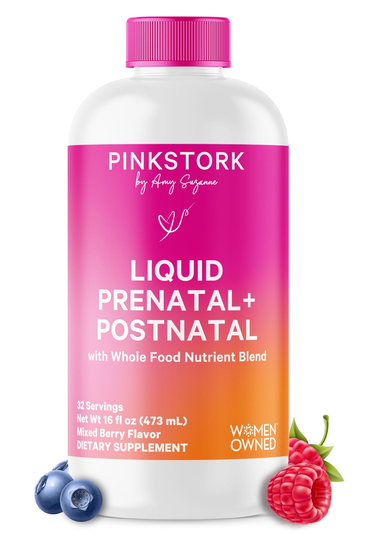 Bottle of Pink Stork Liquid Prenatal Vitamin Berry Flavor