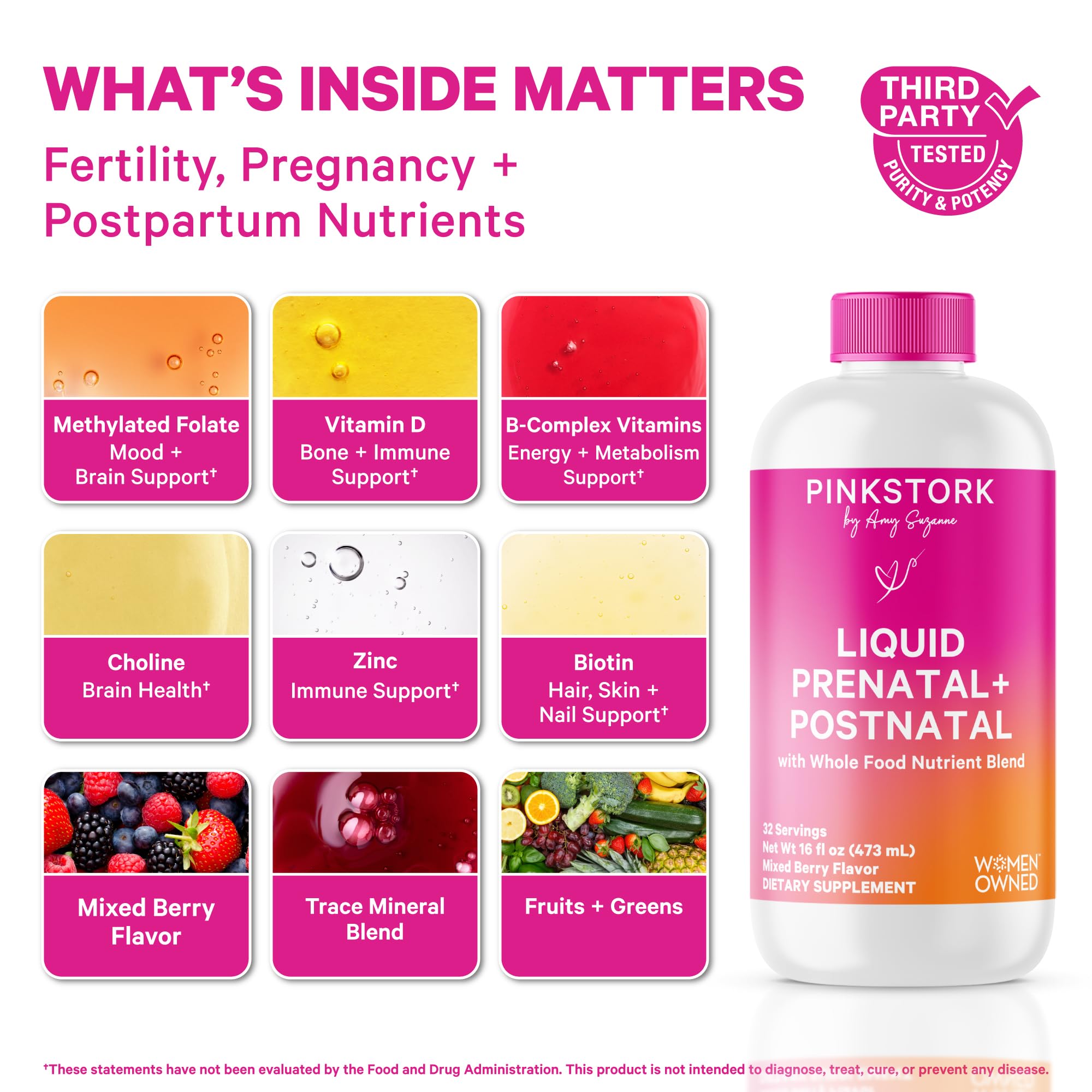 Pink Stork Liquid Prenatal berry flavor mixed into a drink for daily use.