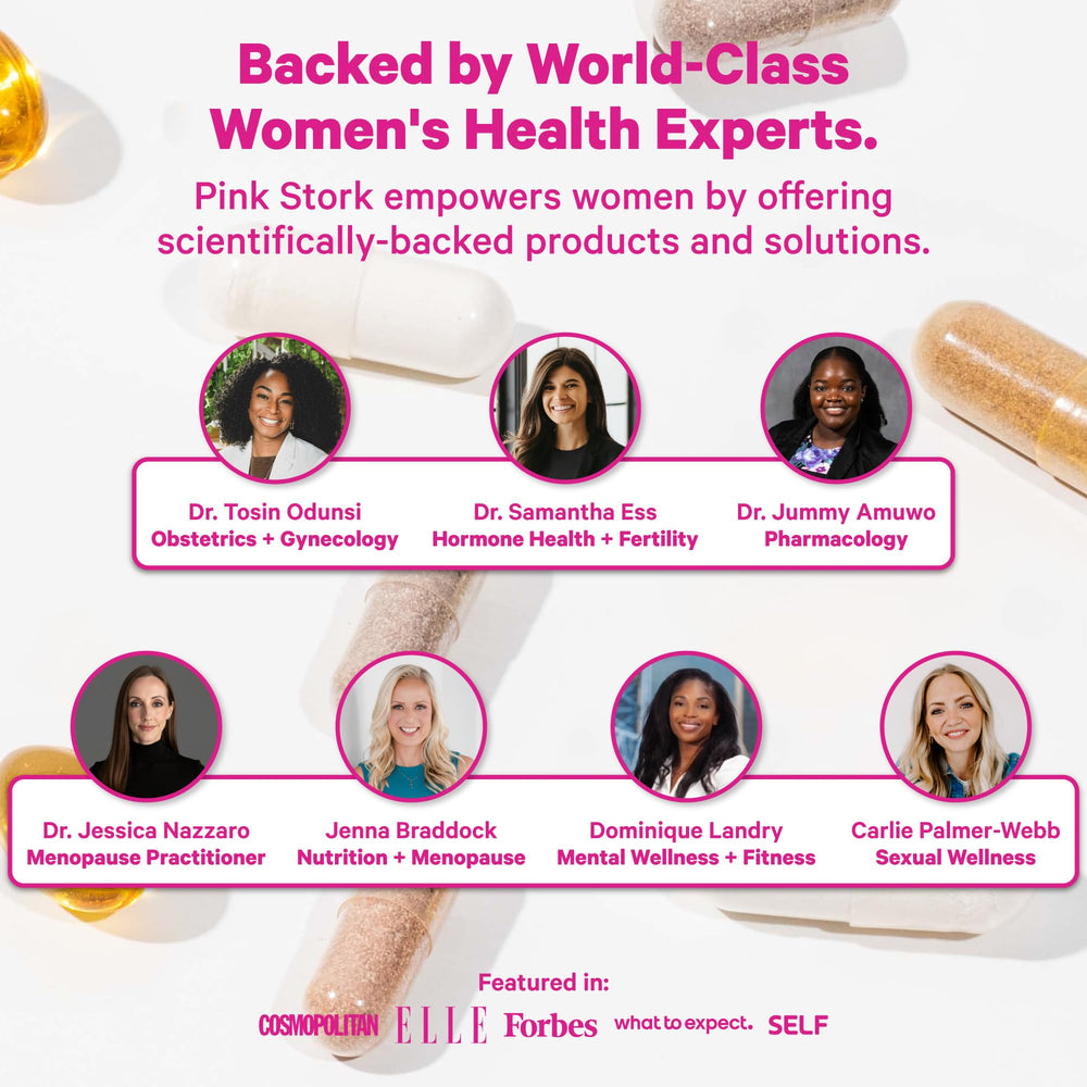 GMO-free, gluten-free, dairy-free, soy-free Pink Stork Prenatal information.