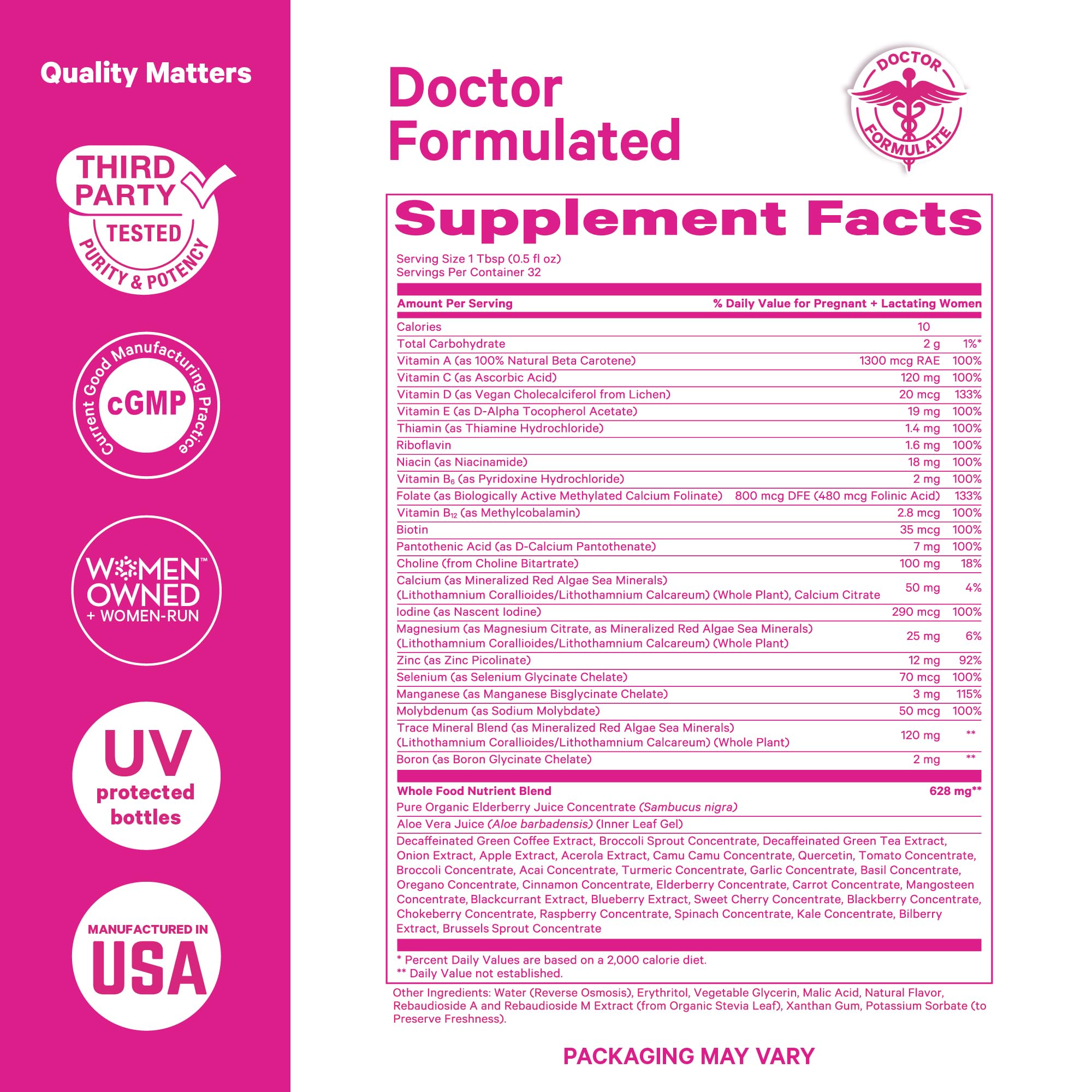 Ingredients in Pink Stork formula featuring elderberries and spinach