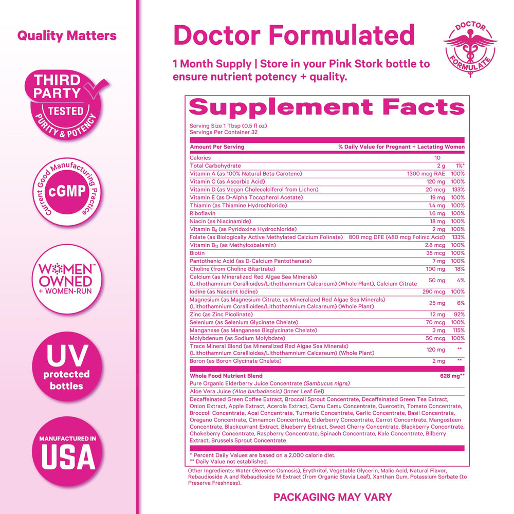 Refrigerator storage keeps Pink Stork Prenatal fresh.
