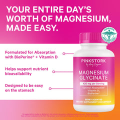 Close-up of the bottle label on Pink Stork Magnesium Glycinate Berry Essence