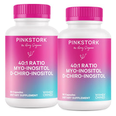 Pink Stork myo-inositol bottle supports hormonal balance and ovarian function.