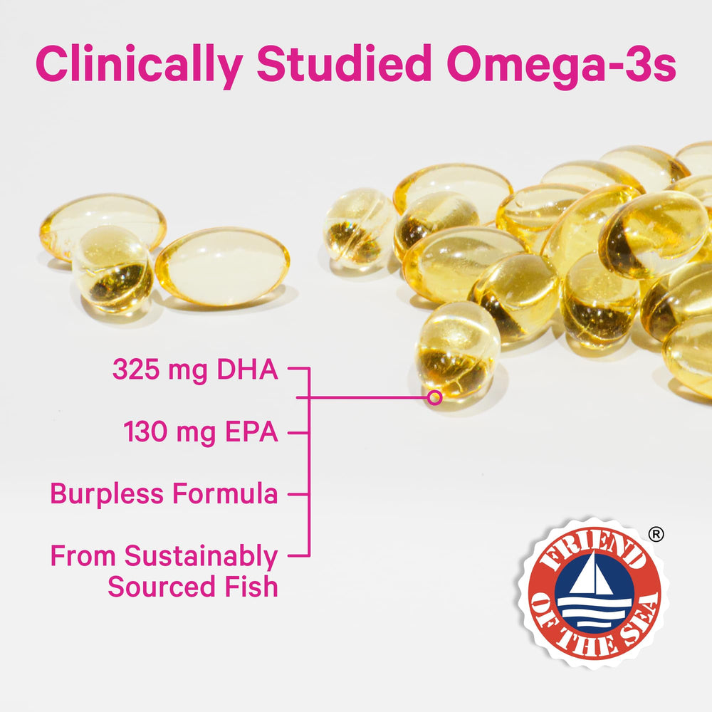 Close-up of the Pink Stork Prenatal DHA bottle showing DHA 325 mg and EPA 130 mg