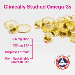Close-up of the Pink Stork Prenatal DHA bottle showing DHA 325 mg and EPA 130 mg