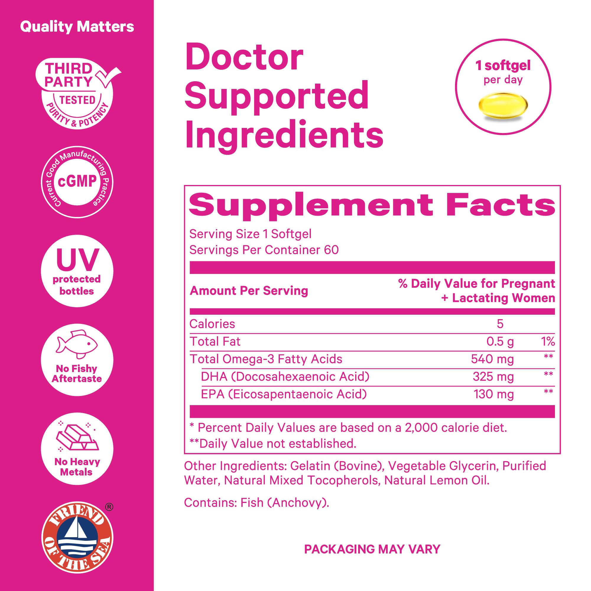 Nutritional information panel on Pink Stork Omega-3 bottle
