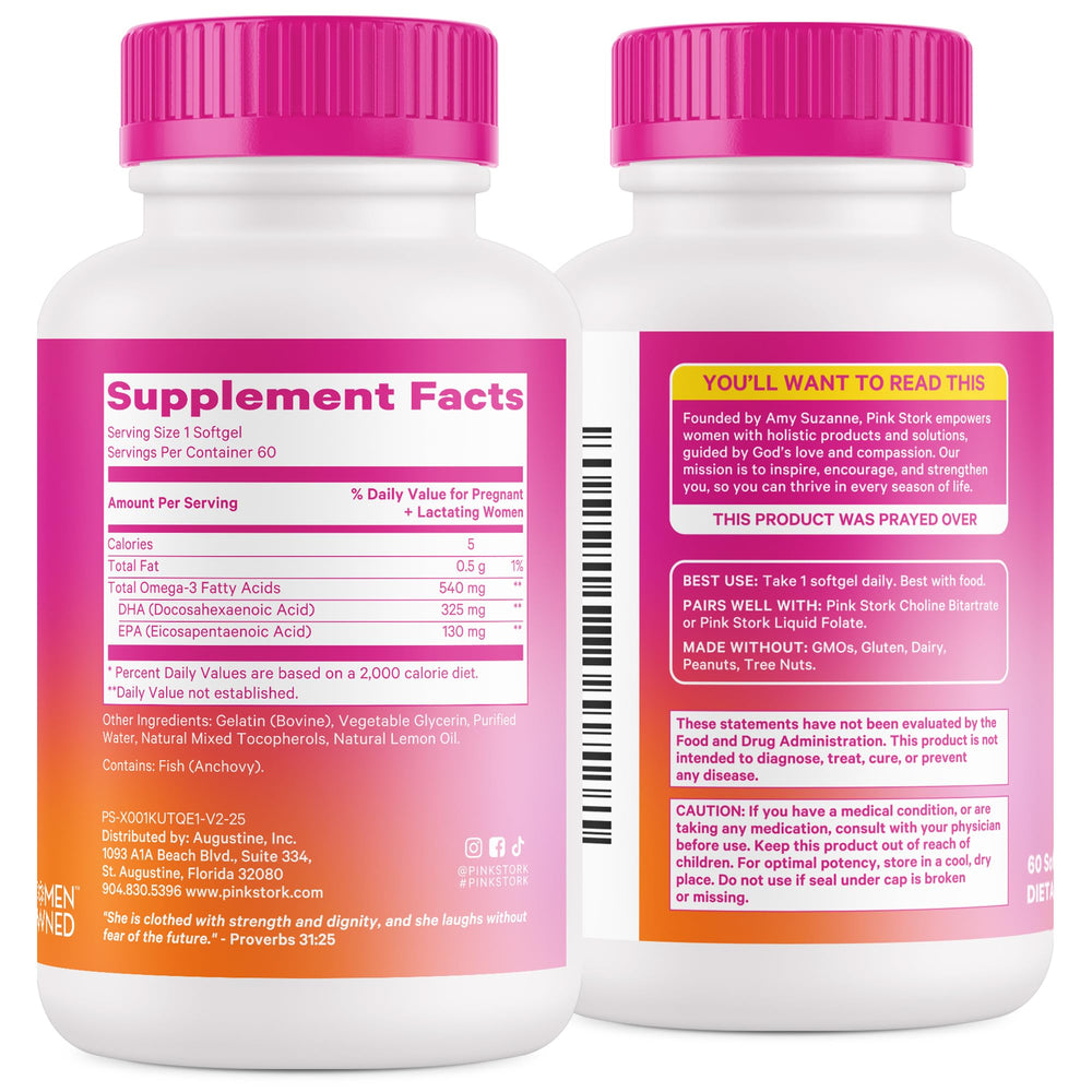 Packaging variations for Pink Stork Omega-3 DHA bottle