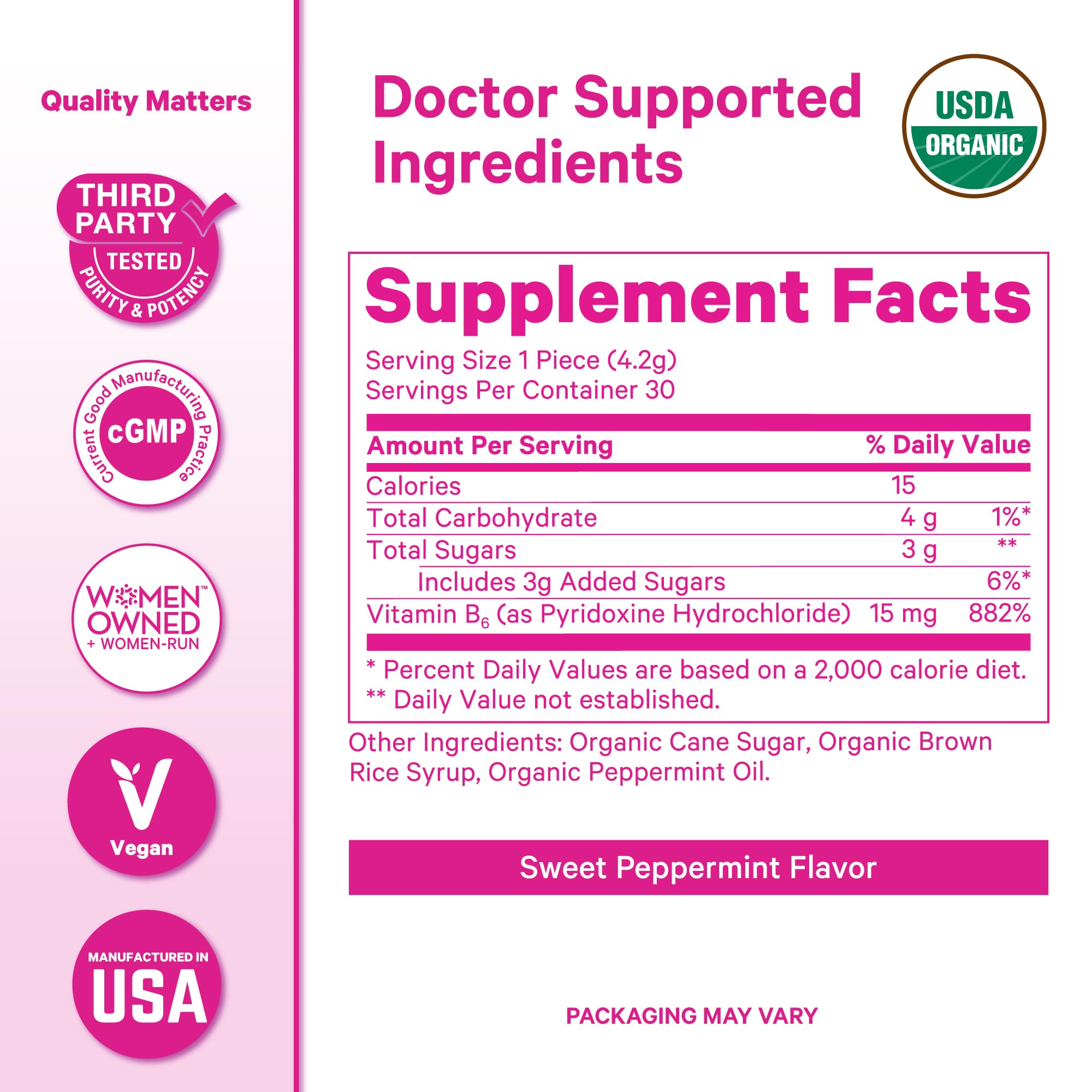 Pink Stork Peppermint Sweets lozenges close-up with organic mint aroma.