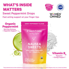 Pink Stork Peppermint Sweets lozenges close-up with organic mint aroma.