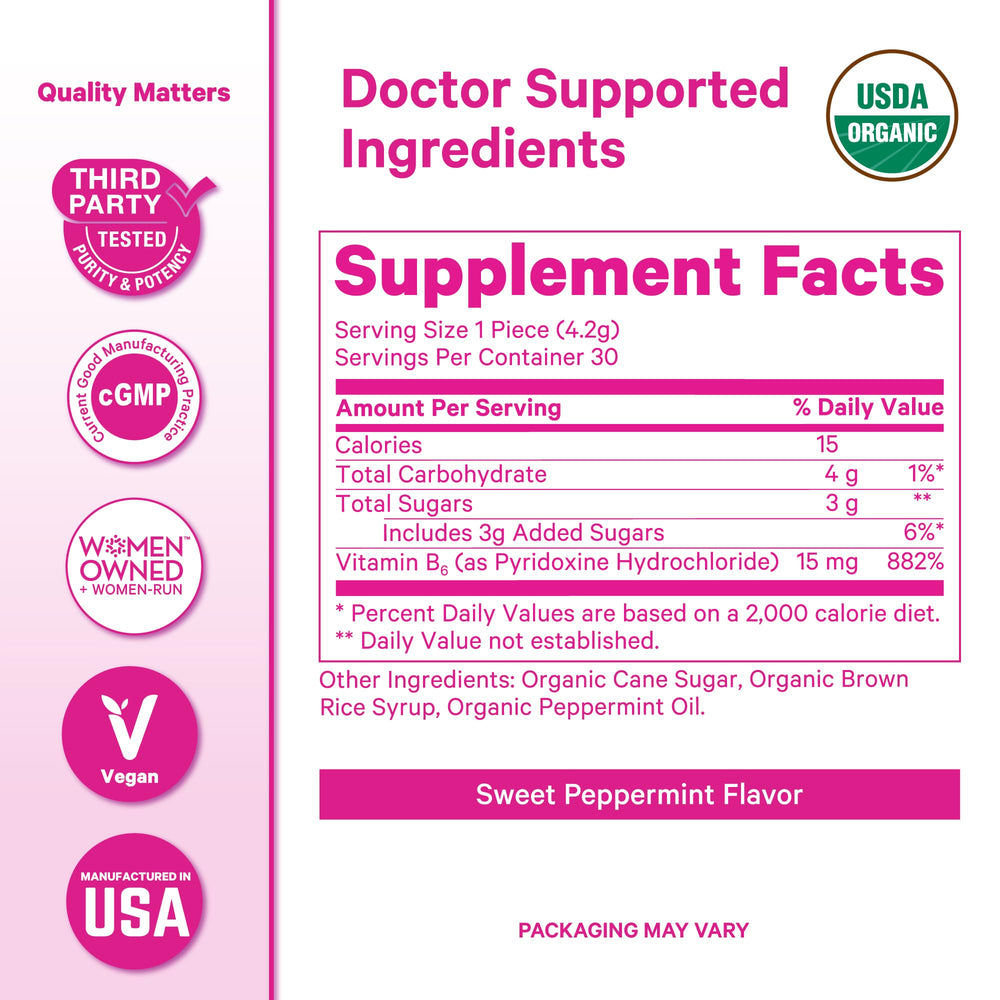 Pink Stork Peppermint Sweets nutrition panel shows organic status.