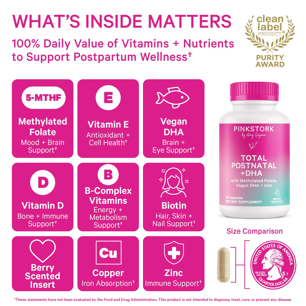 Close-up of Pink Stork Postnatal Vitamins bottle