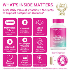 Close-up of Pink Stork Postnatal Vitamins bottle