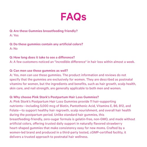 Breastfeeding-friendly formula label of Pink Stork Postpartum Hair Loss Gummies