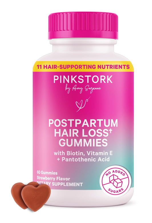 Hero image of Pink Stork Postpartum Hair Loss Gummies with strawberry flavor
