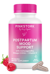 Pink Stork Postpartum Mood Support bottle on white background