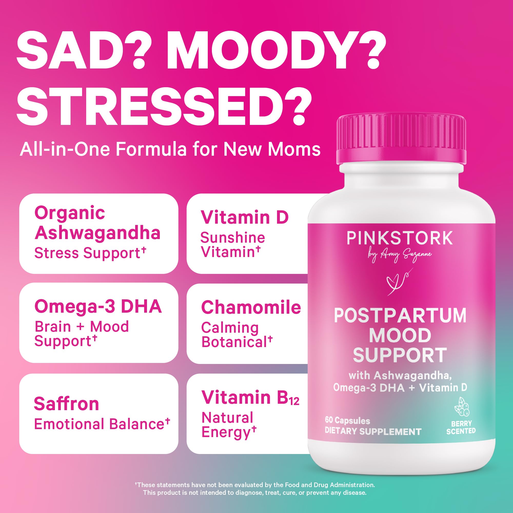 Close-up of Pink Stork Postpartum Mood Support label