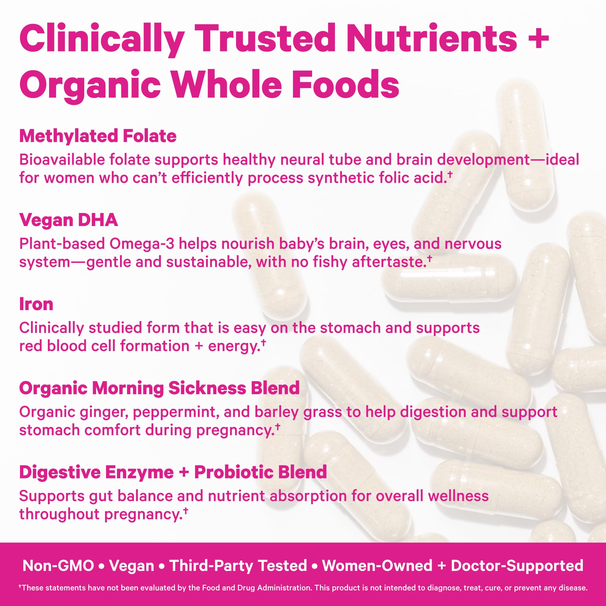 Close-up of Pink Stork Premium Prenatal Vitamins bottle