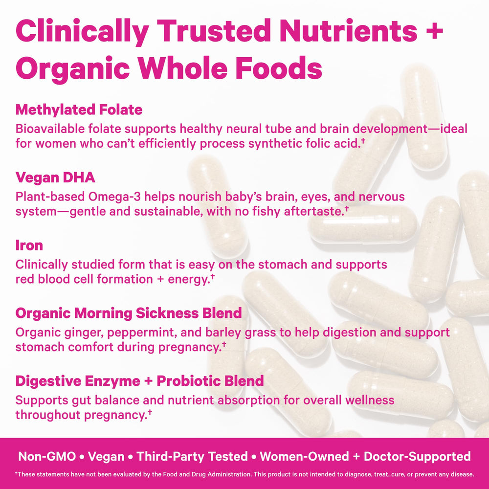 Close-up of Pink Stork Premium Prenatal Vitamins bottle
