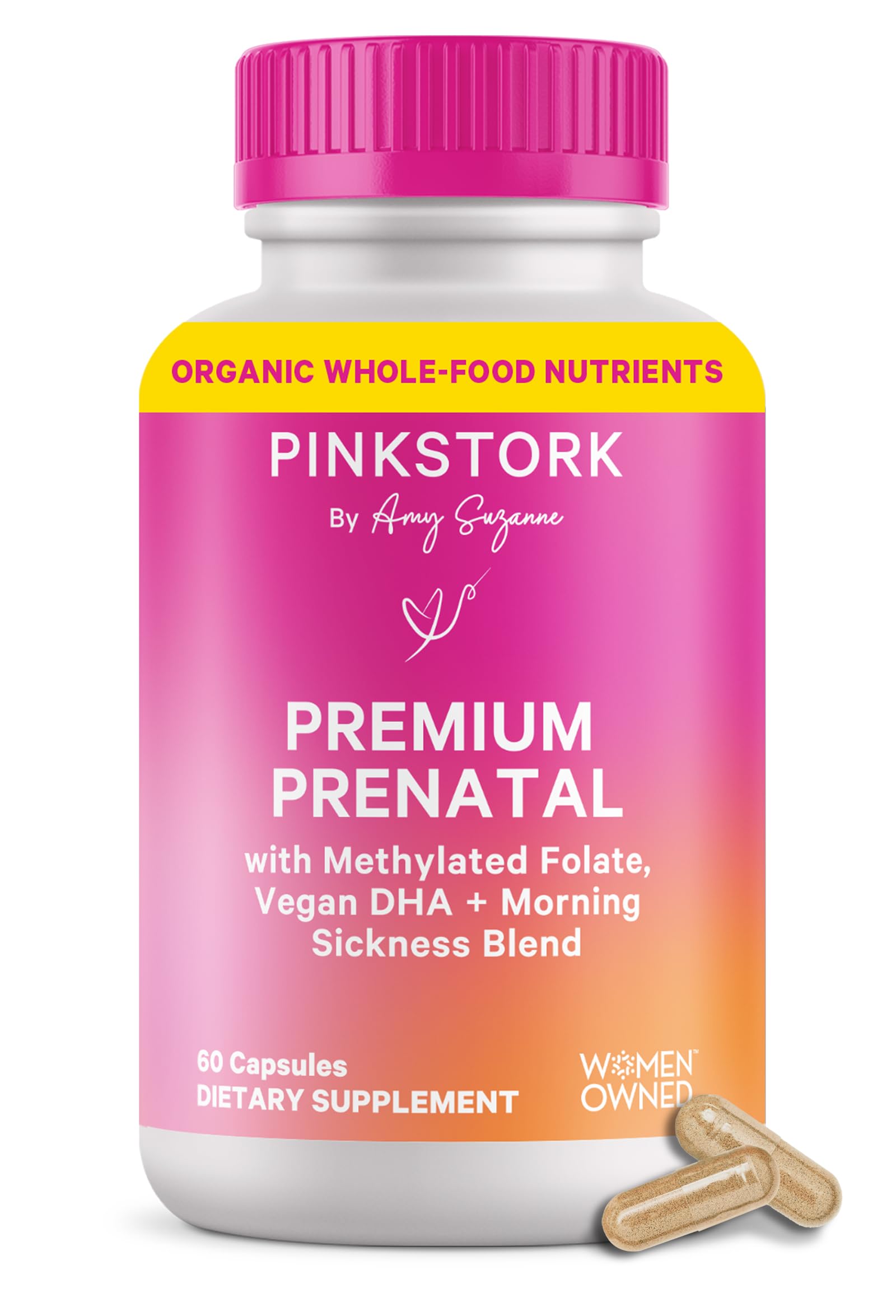 Pink Stork Premium Prenatal bottle front view for daily prenatal support