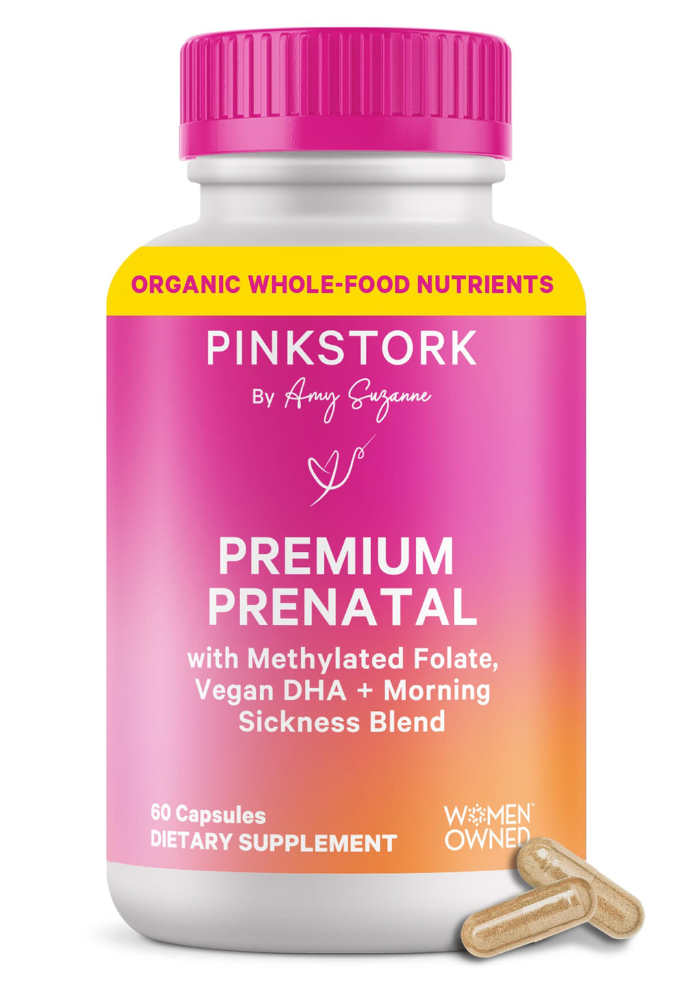 Pink Stork Premium Prenatal bottle front view for daily prenatal support