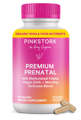Pink Stork Premium Prenatal bottle front view for daily prenatal support