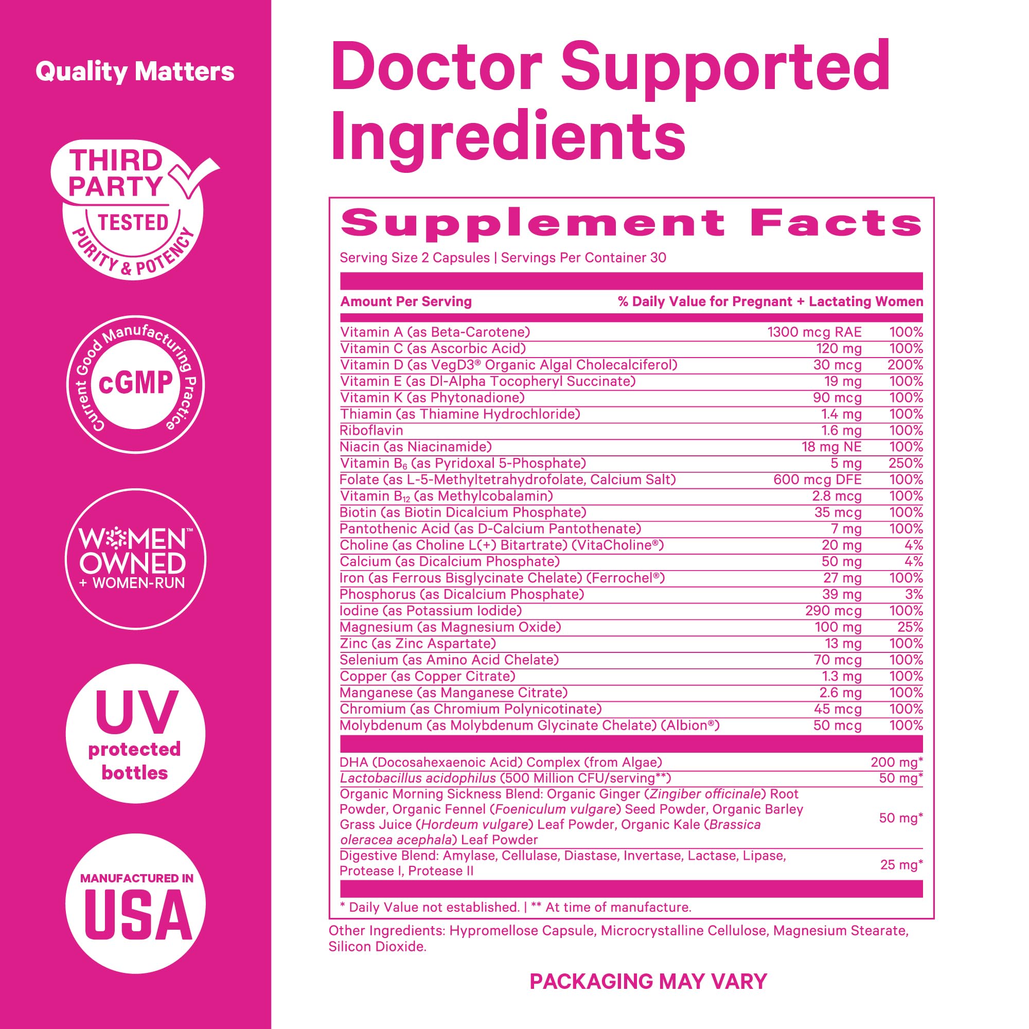 Capsule showing methylated folate, choline, and vegan DHA