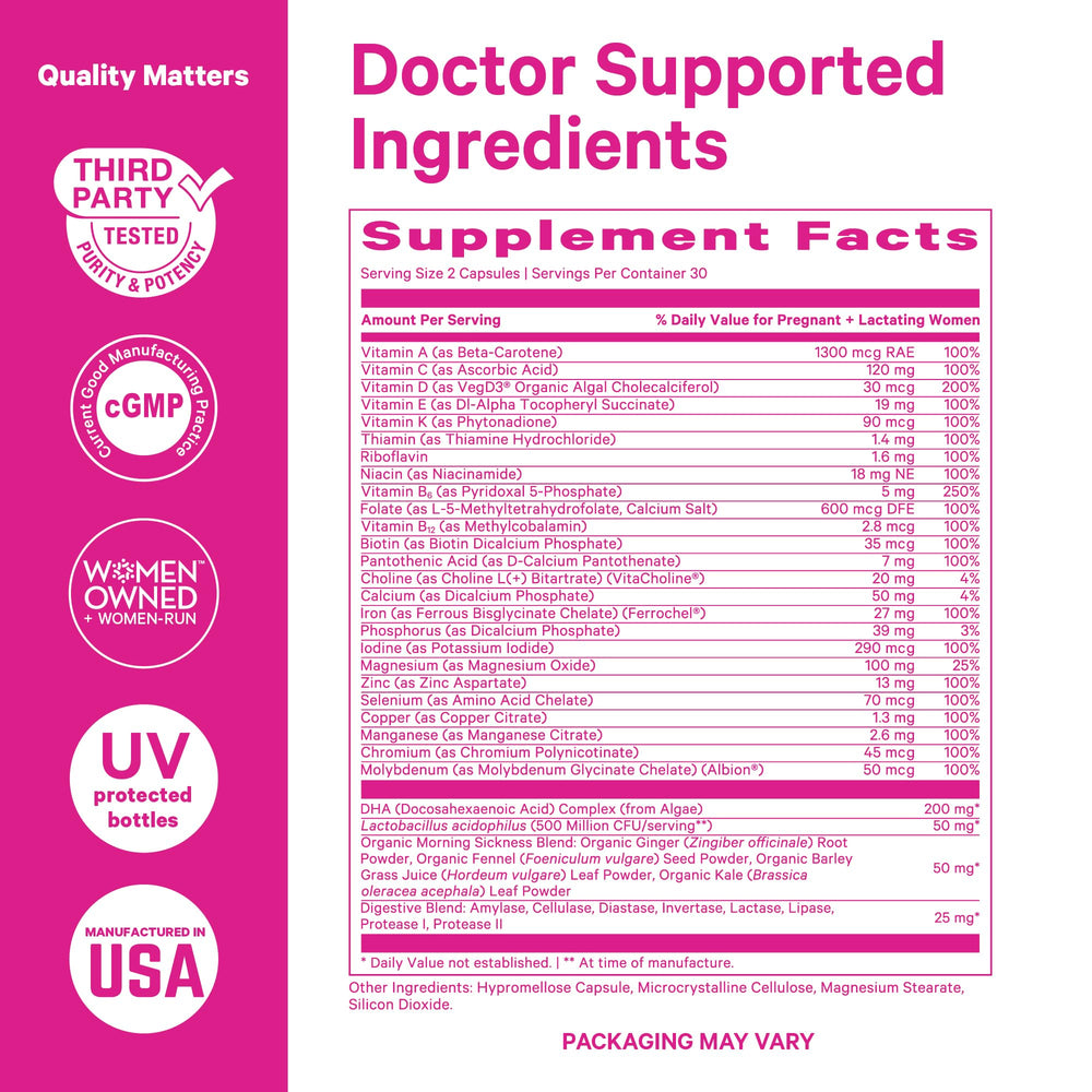 Capsule showing methylated folate, choline, and vegan DHA