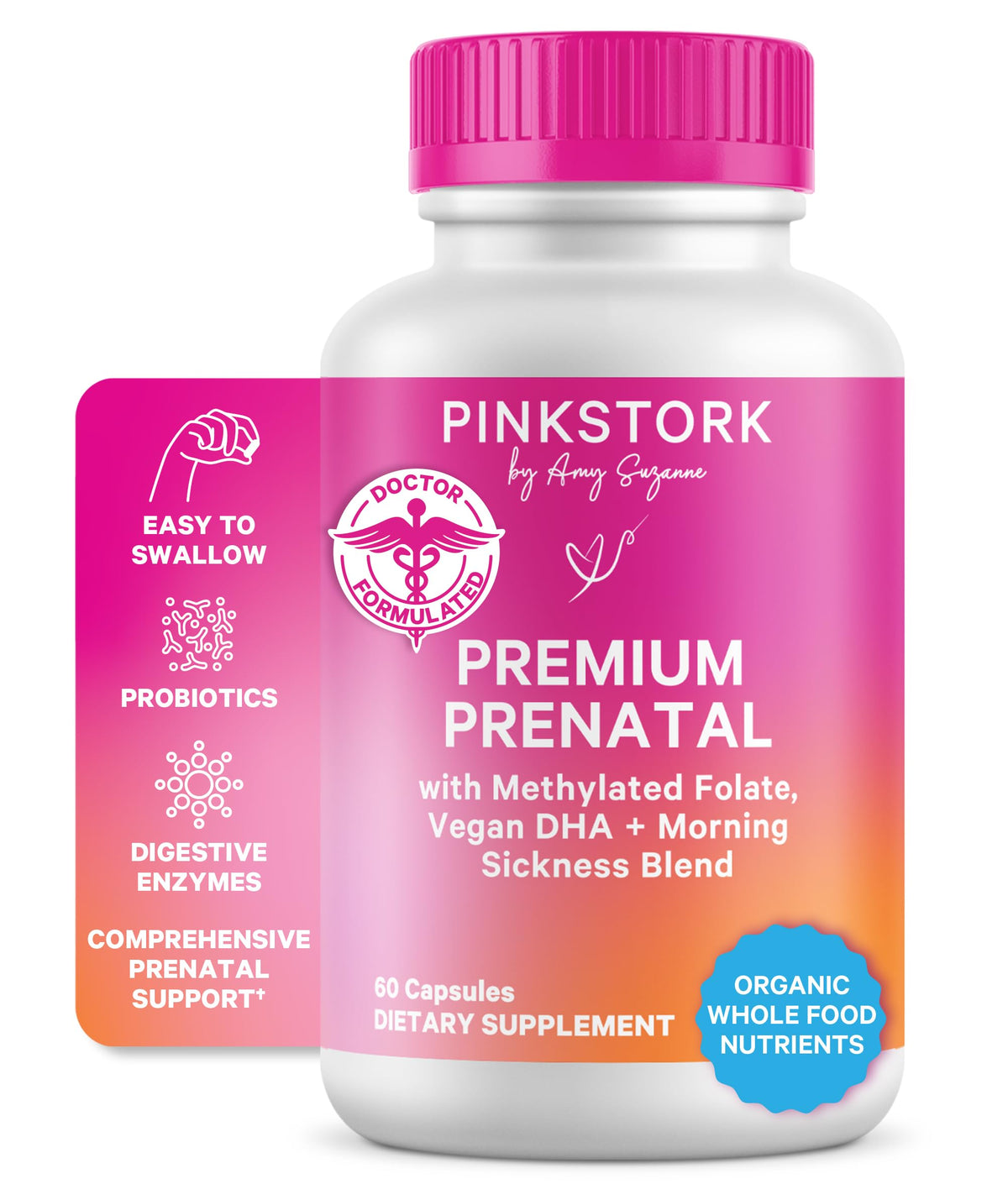 Pink Stork Premium Prenatal Vitamins bottle on white background