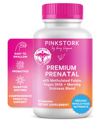 Pink Stork Premium Prenatal Vitamins bottle on white background