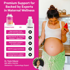 Pink Stork Premium Prenatal label highlights methylated folate and vegan DHA