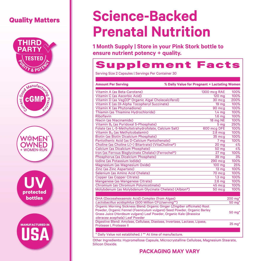 Pink Stork Premium Prenatal label demonstrates vegan DHA for brain and eye support
