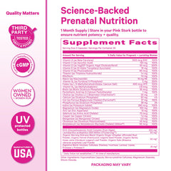Pink Stork Premium Prenatal label demonstrates vegan DHA for brain and eye support