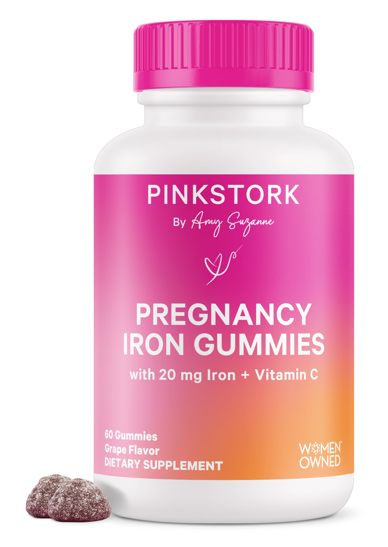 Pink Stork Prenatal Iron Gummies hero image with bottle and gummies