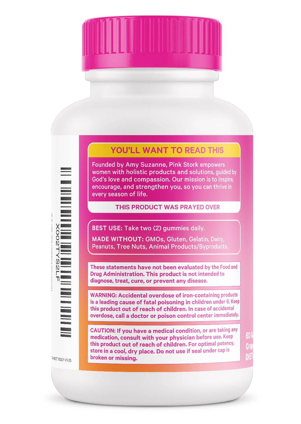 Nutrition facts label for Pink Stork Prenatal Iron Gummies