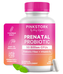 Pink Stork Prenatal Probiotic bottle on white background