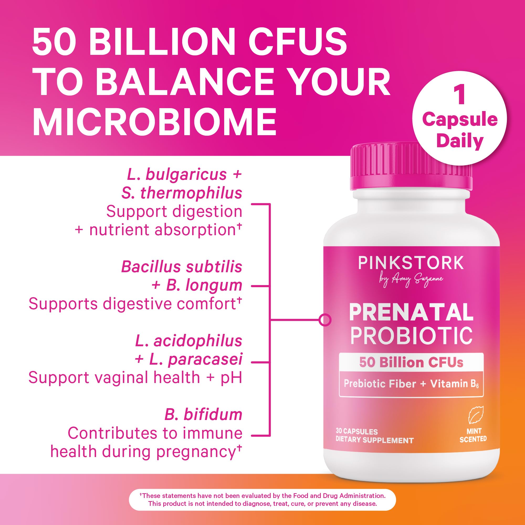 Close-up of Pink Stork Prenatal Probiotic capsules