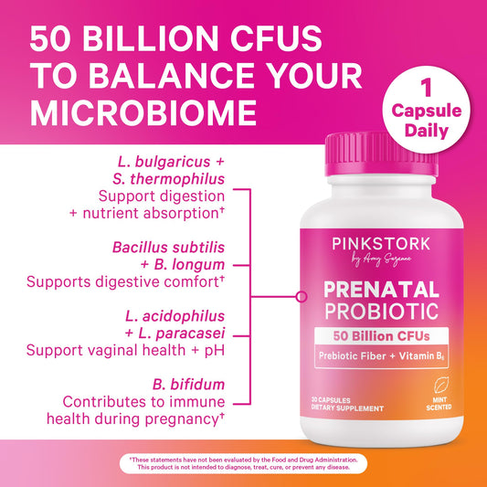 Close-up of Pink Stork Prenatal Probiotic capsules