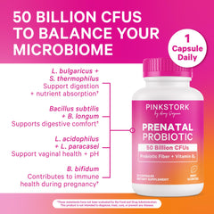 Close-up of Pink Stork Prenatal Probiotic capsules