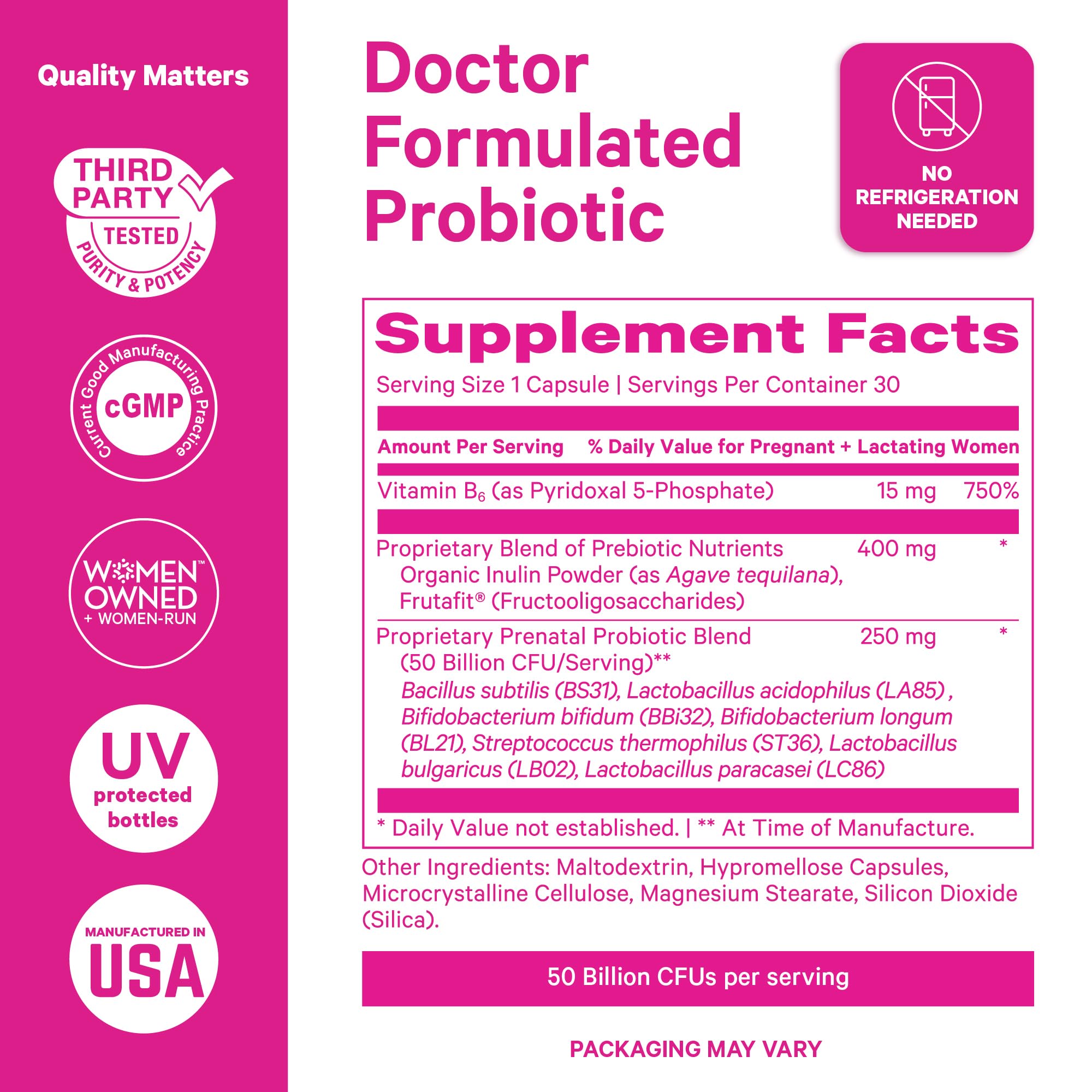 Vitamin B6 and Inulin prebiotic fiber icons on product