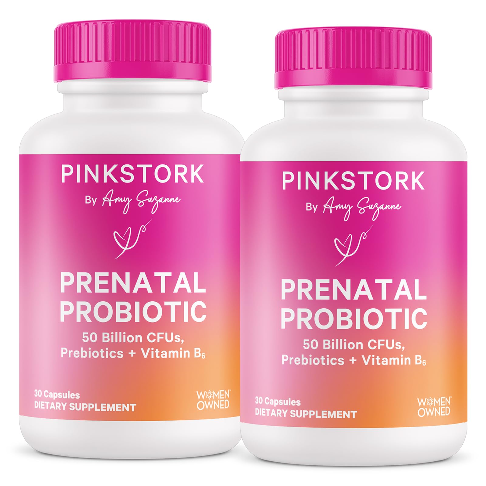 Pink Stork Prenatal Probiotic bottle front showing label for gut health and prenatal use.