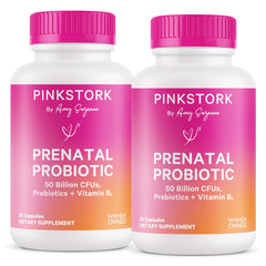 Pink Stork Prenatal Probiotic bottle front showing label for gut health and prenatal use.
