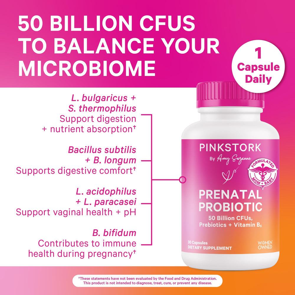 Pink Stork Prenatal Probiotic capsules close-up highlighting capsule design.