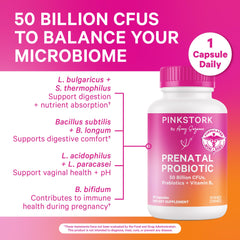 Pink Stork Prenatal Probiotic capsules close-up highlighting capsule design.